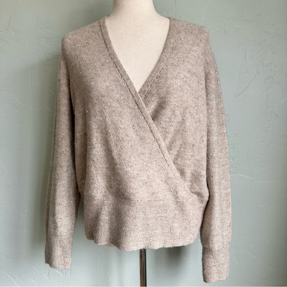 CeCe Women Beige Silver Sparkle Deep V-Neck Women's‎ Party Holiday Sweater Large